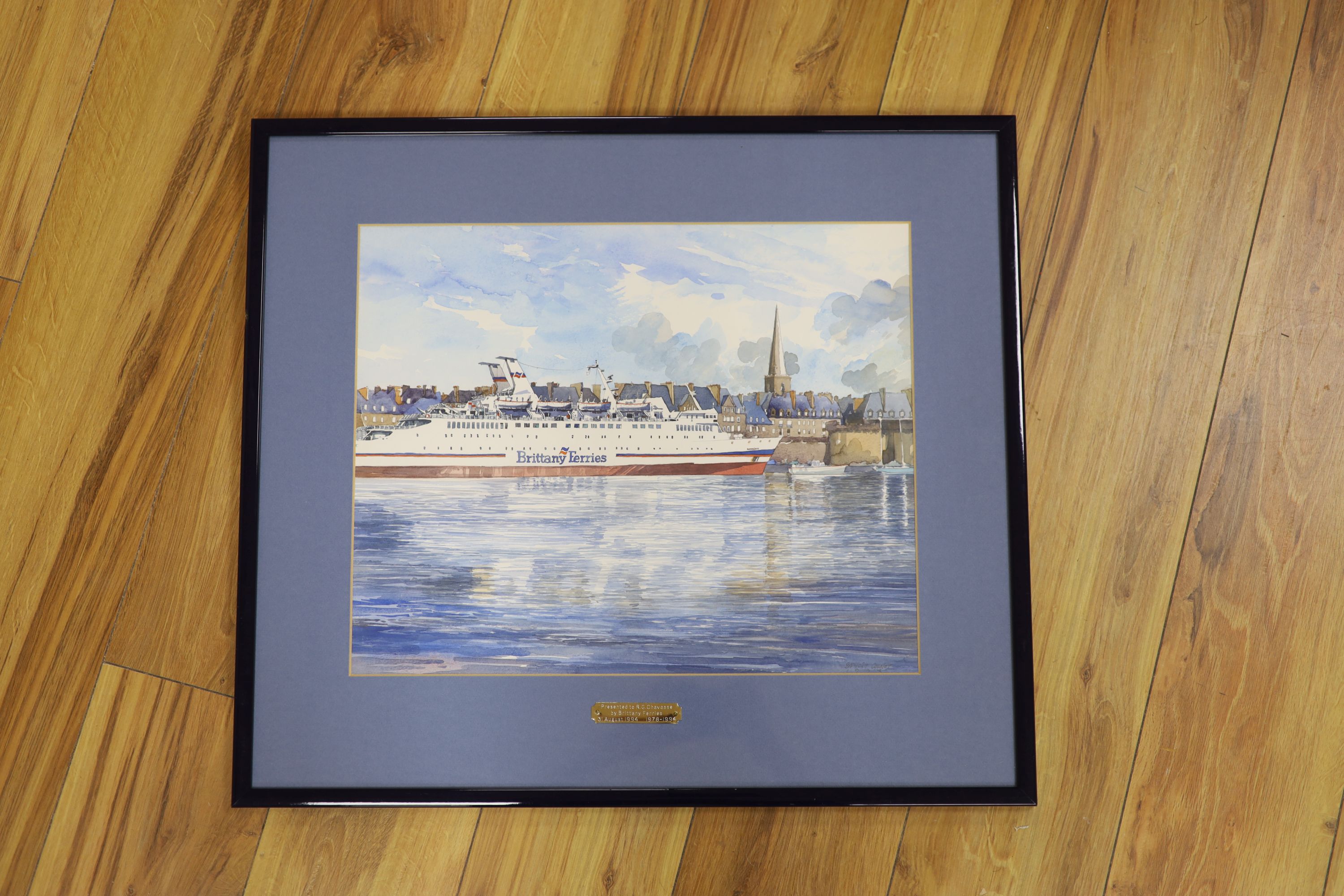 Benoit Colnot, watercolour, Brittany Ferry entering harbour, signed and dated 1993, 36 x 44cm